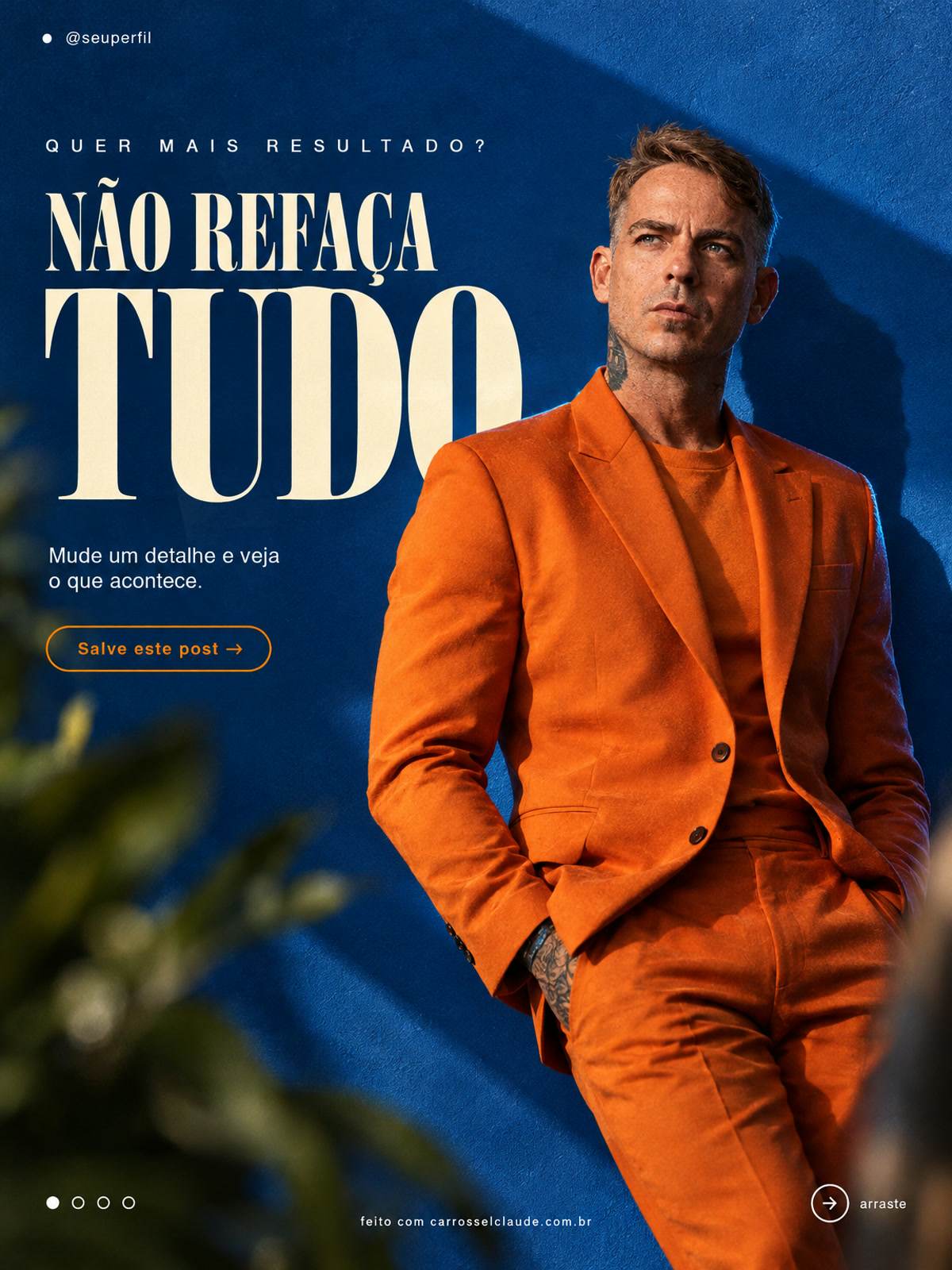 Capa com a palavra TUDO atrás de um homem de terno laranja diante de uma parede azul